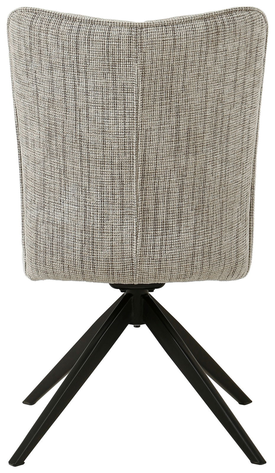 Rückansicht eines modernen Stuhls mit gepolsterter Rückenlehne und schwarzem Metallgestell.