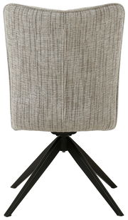 Rückansicht eines modernen Stuhls mit gepolsterter Rückenlehne und schwarzem Metallgestell.