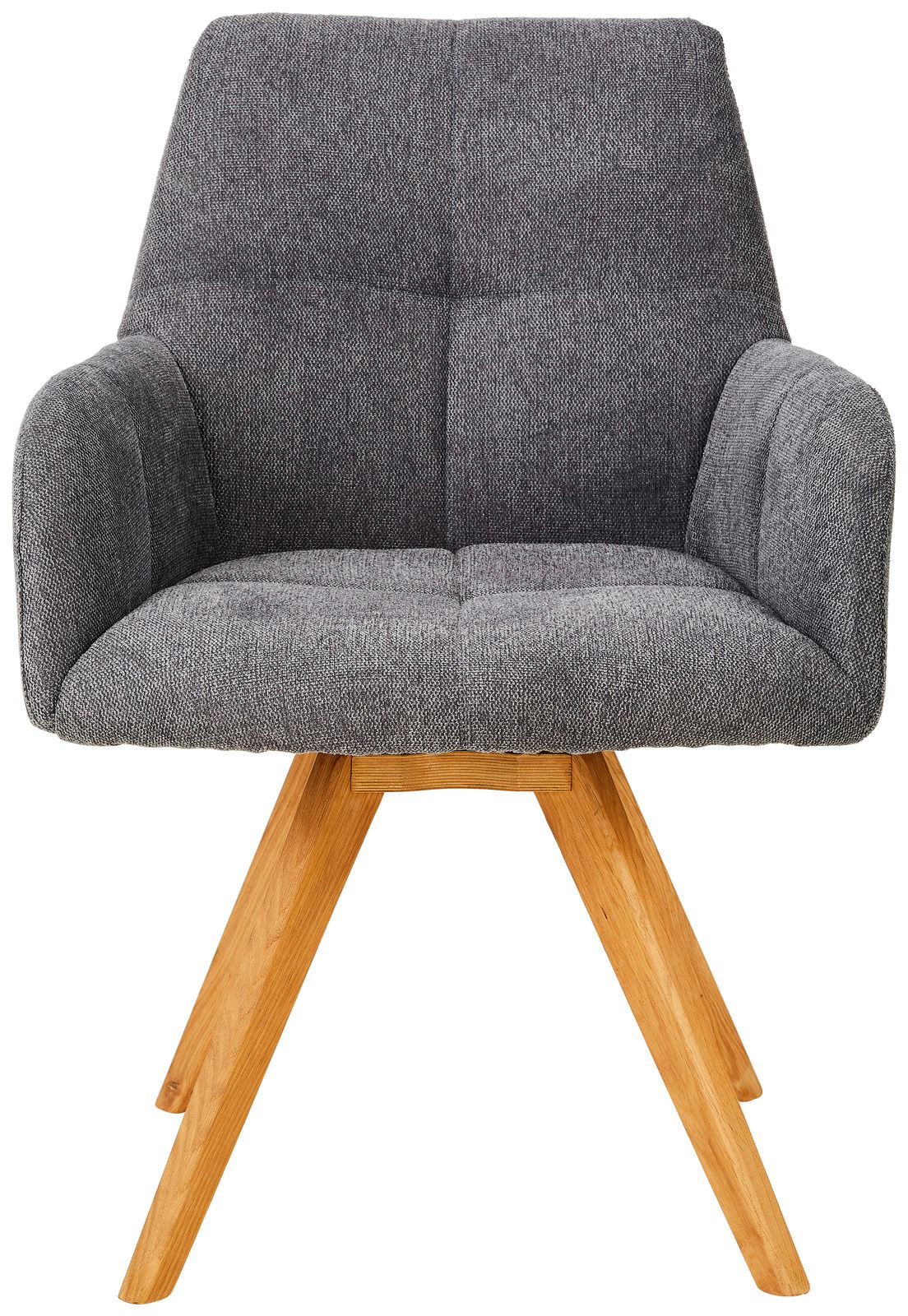 Grauer Armlehnstuhl mit Holzbeinen, Frontalansicht