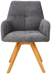 Grauer Armlehnstuhl mit Holzbeinen, Frontalansicht