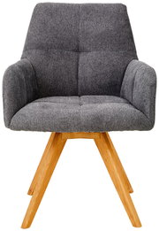 Grauer Armlehnstuhl mit Holzbeinen, Frontalansicht