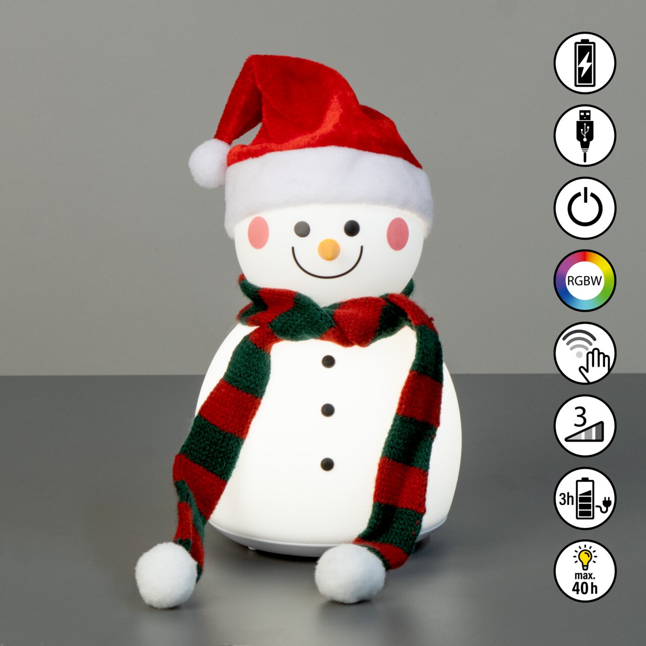 Schneemann-Akku-Tischleuchte mit roter Mütze und gestreiftem Schal, frontal abgebildet, mit RGBW-Farbwechsel und Touch-Bedienung.