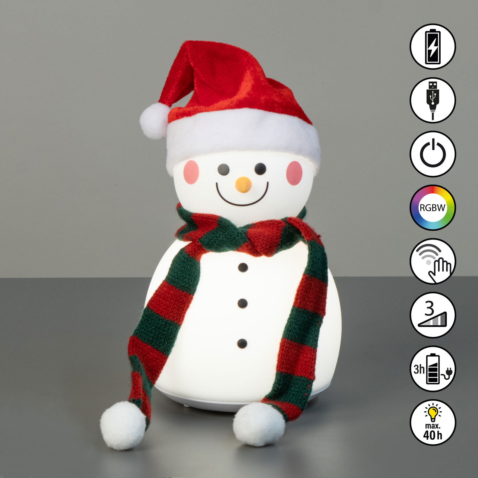 Schneemann-Akku-Tischleuchte mit roter Mütze und gestreiftem Schal, frontal abgebildet, mit RGBW-Farbwechsel und Touch-Bedienung.