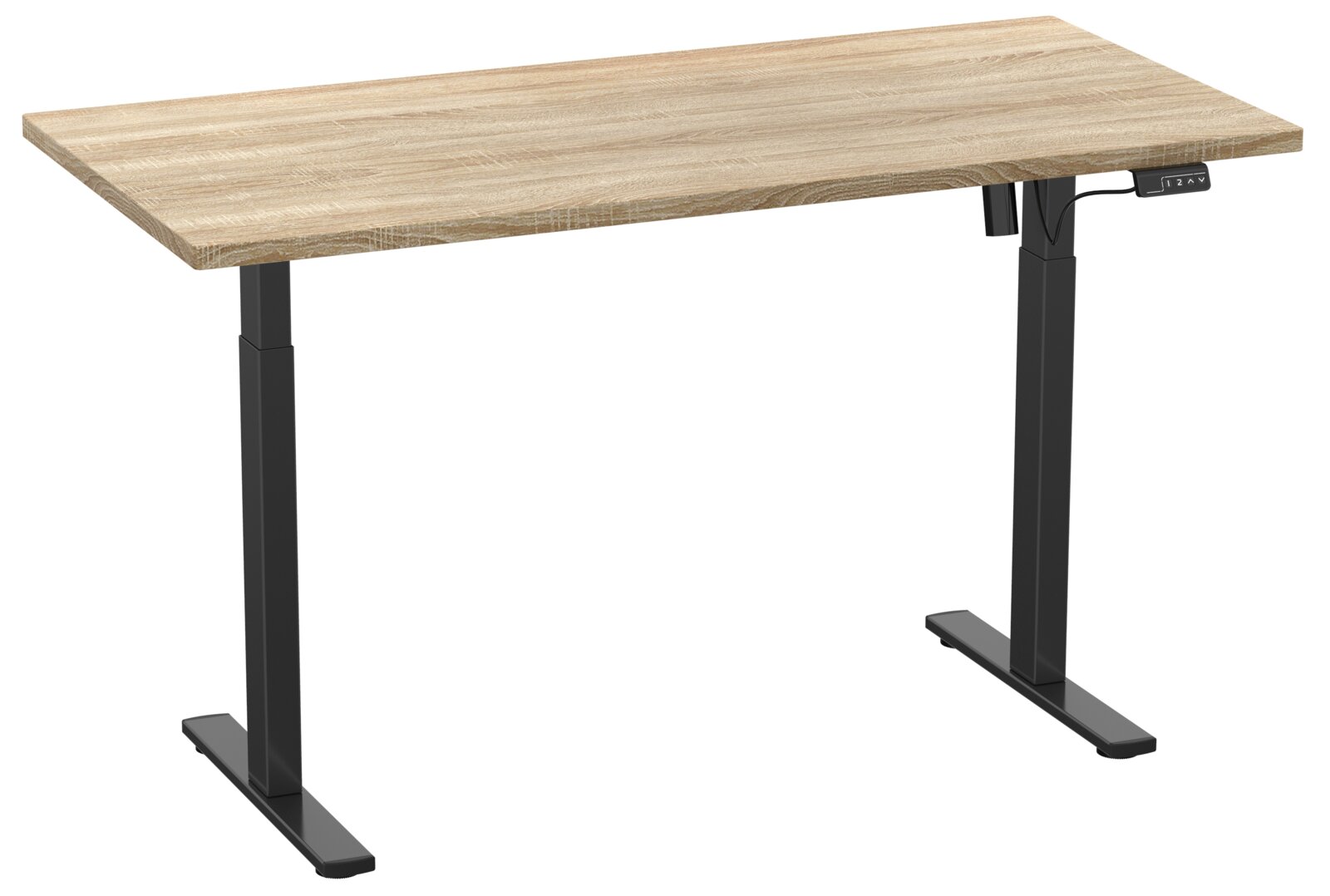 Elektrisch höhenverstellbarer Schreibtisch mit heller Holzplatte und schwarzem T-Fuß-Gestell, Seitenansicht in leichter Perspektive von vorn rechts