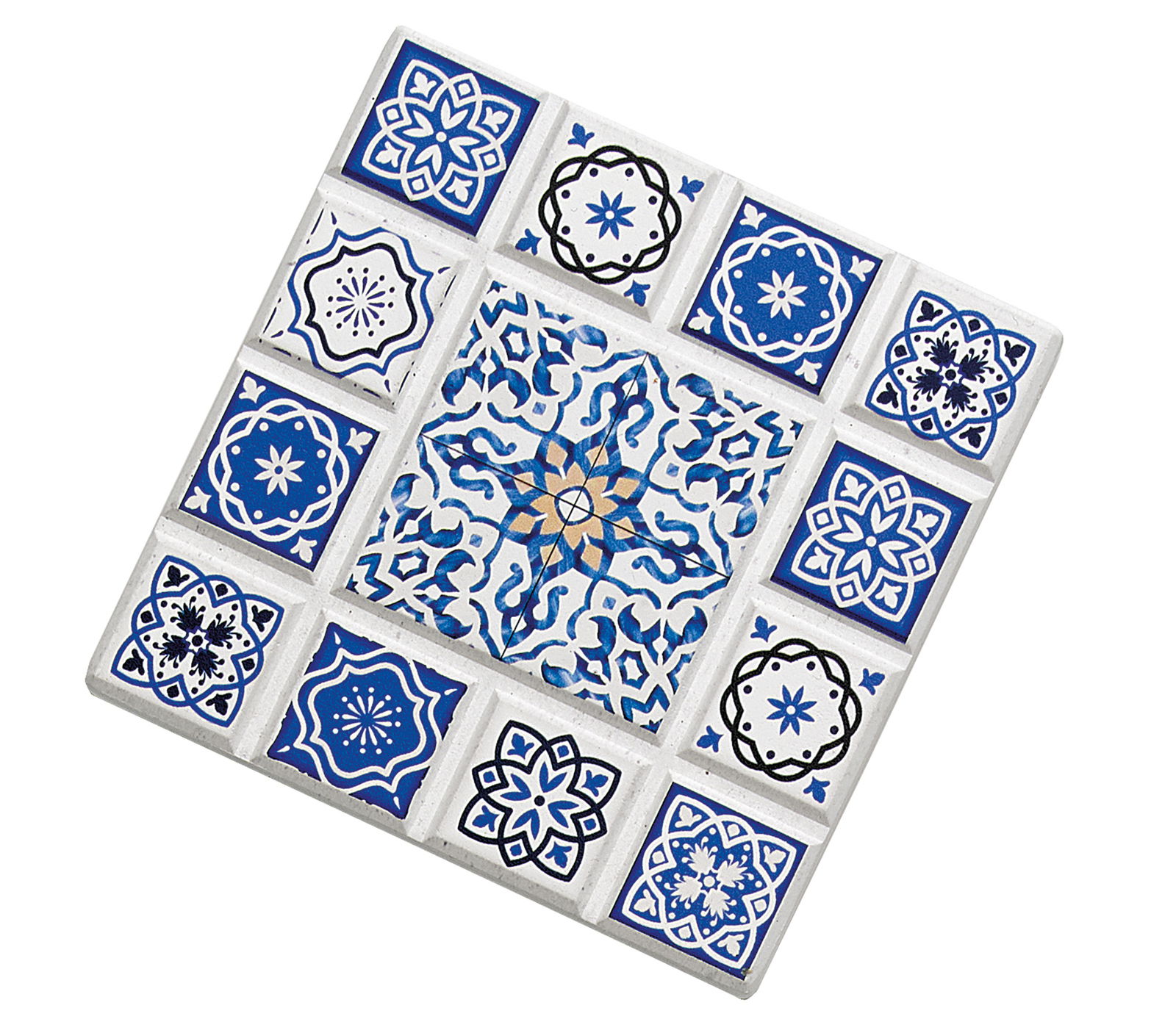 Zassenhaus Untersetzer MARRAKESCH Untersetzer MARRAKESCH Kreuz mit blau-weißen Mosaikmustern, schräg von oben fotografiert.