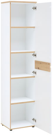 Schmaler Aktenschrank mit geöffneter Tür, vier Einlegeböden und Holzoptik-Kanten, seitliche Perspektive