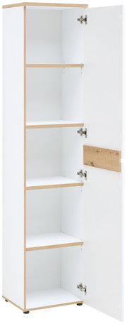 Schmaler Aktenschrank mit geöffneter Tür, vier Einlegeböden und Holzoptik-Kanten, seitliche Perspektive