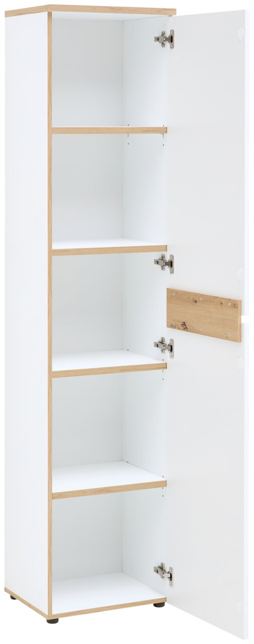 Schmaler Aktenschrank mit geöffneter Tür, vier Einlegeböden und Holzoptik-Kanten, seitliche Perspektive
