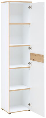 Schmaler Aktenschrank mit geöffneter Tür, vier Einlegeböden und Holzoptik-Kanten, seitliche Perspektive