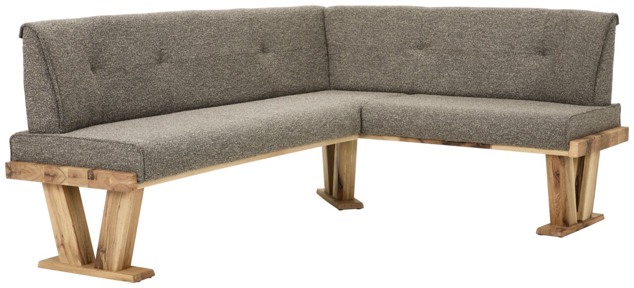 Eckbank mit grauem Stoffbezug und Holzgestell, seitliche Perspektive