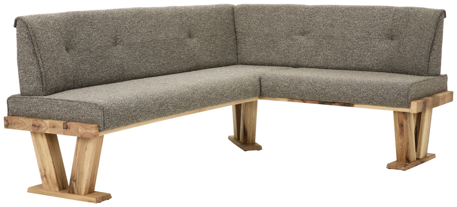 Eckbank mit grauem Stoffbezug und Holzgestell, seitliche Perspektive