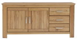 Frontale Ansicht eines Sideboards aus Holz mit zwei Türen und drei Schubladen.