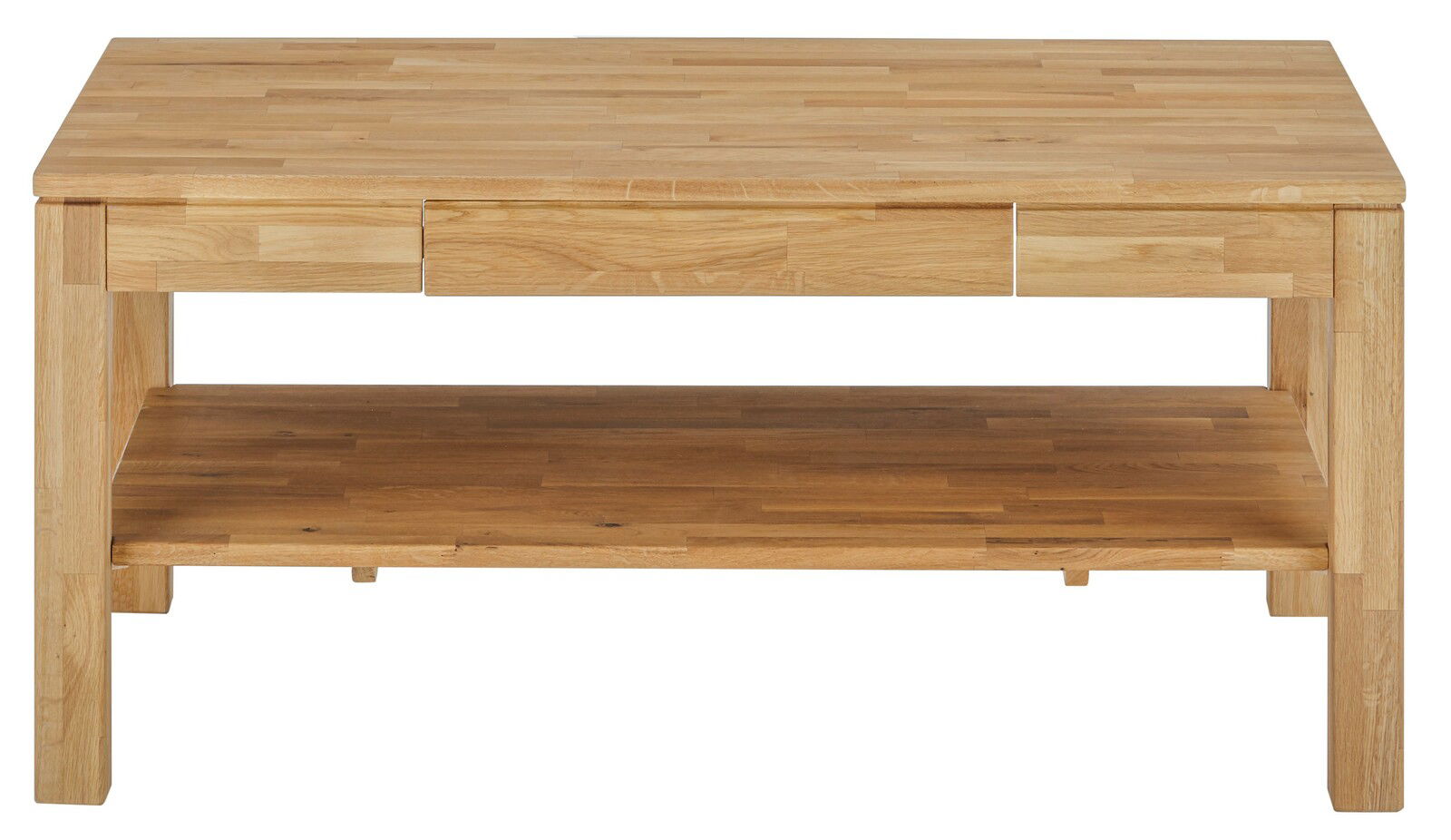 Holz-Couchtisch mit rechteckiger Form und zusätzlicher Ablagefläche, Frontalansicht