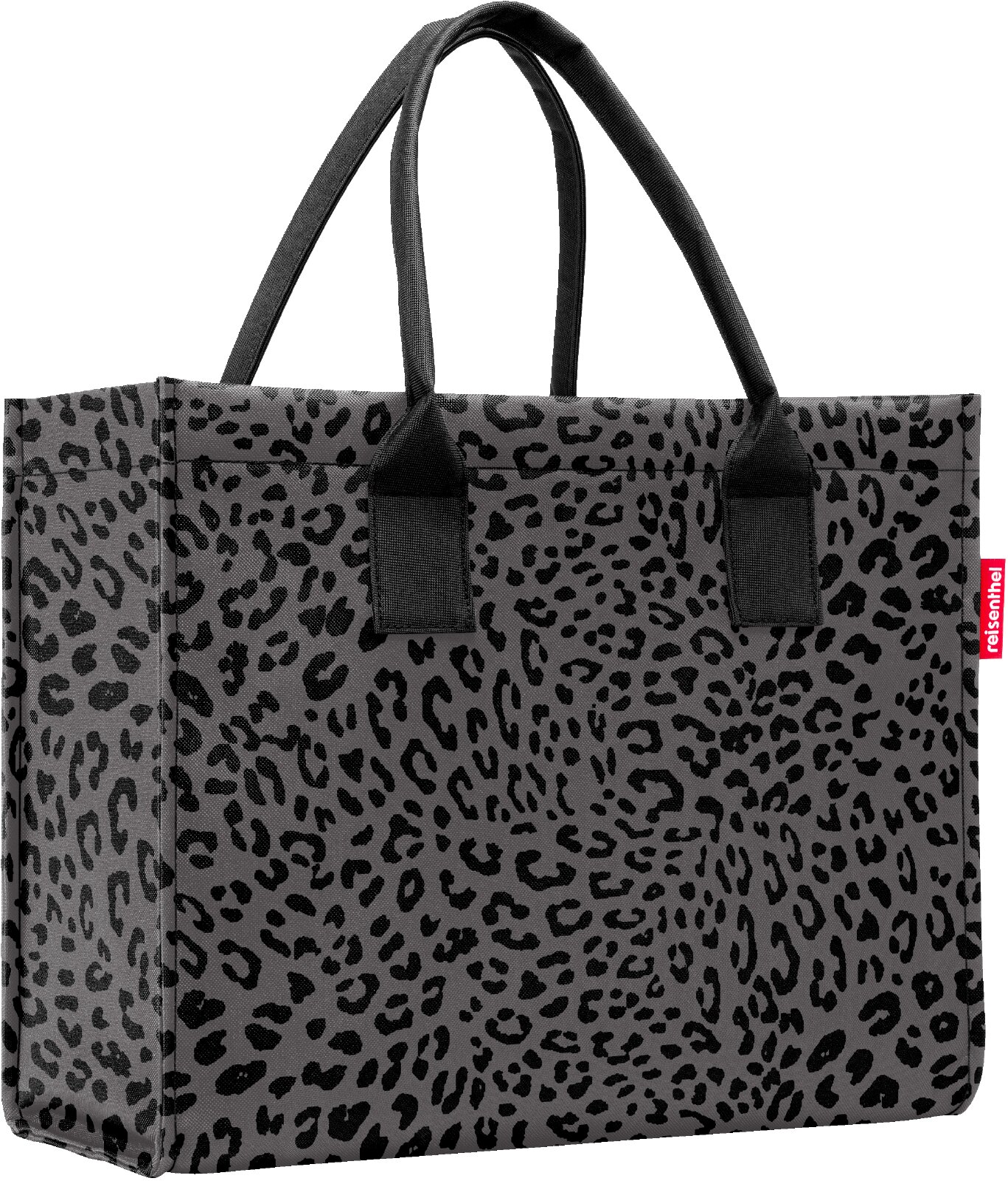 Ruime grijze shopper met zwarte luipaardprint en lange zwarte hengsels, schuin van voren afgebeeld