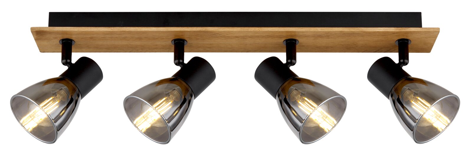 Deckenstrahler mit vier verstellbaren Leuchten, Holz- und Metallelemente, seitliche Perspektive