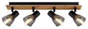 Deckenstrahler mit vier verstellbaren Leuchten, Holz- und Metallelemente, seitliche Perspektive