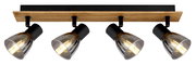 Deckenstrahler mit vier verstellbaren Leuchten, Holz- und Metallelemente, seitliche Perspektive
