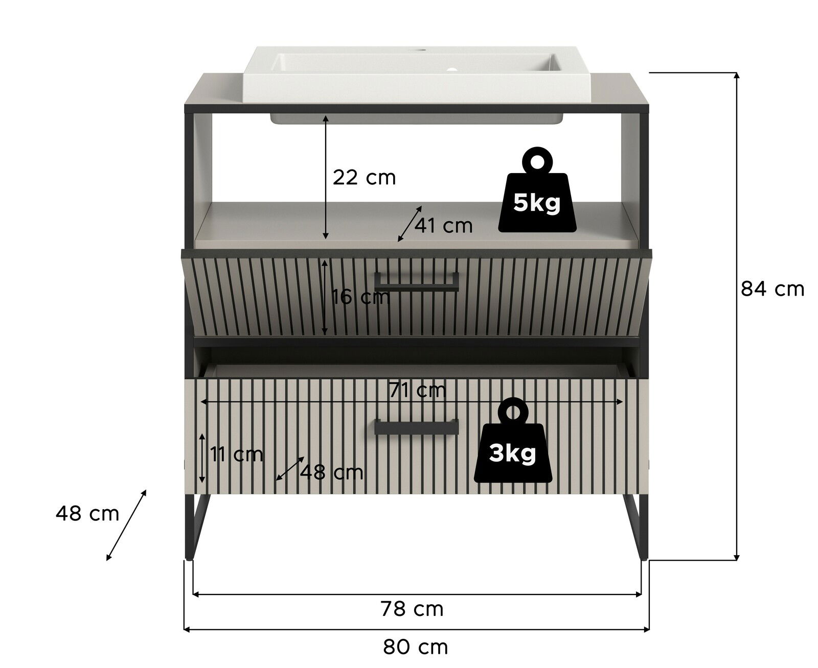 Moderner Waschtisch mit Waschbecken, Frontansicht, Maße: 80 cm Breite, 48 cm Tiefe, 84 cm Höhe, mit zwei Schubladen und offenen Ablagefächern.