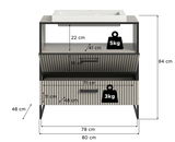 Moderner Waschtisch mit Waschbecken, Frontansicht, Maße: 80 cm Breite, 48 cm Tiefe, 84 cm Höhe, mit zwei Schubladen und offenen Ablagefächern.