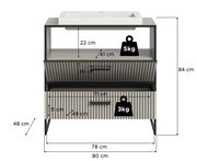 Moderner Waschtisch mit Waschbecken, Frontansicht, Maße: 80 cm Breite, 48 cm Tiefe, 84 cm Höhe, mit zwei Schubladen und offenen Ablagefächern.