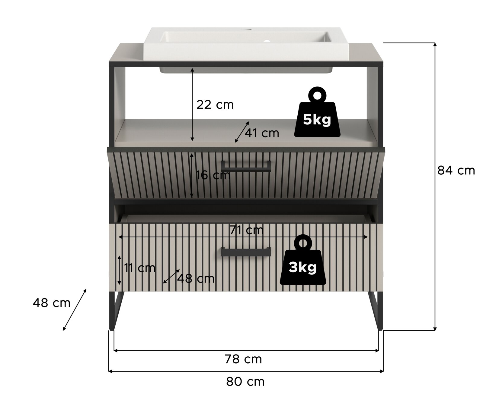 Moderner Waschtisch mit Waschbecken, Frontansicht, Maße: 80 cm Breite, 48 cm Tiefe, 84 cm Höhe, mit zwei Schubladen und offenen Ablagefächern.