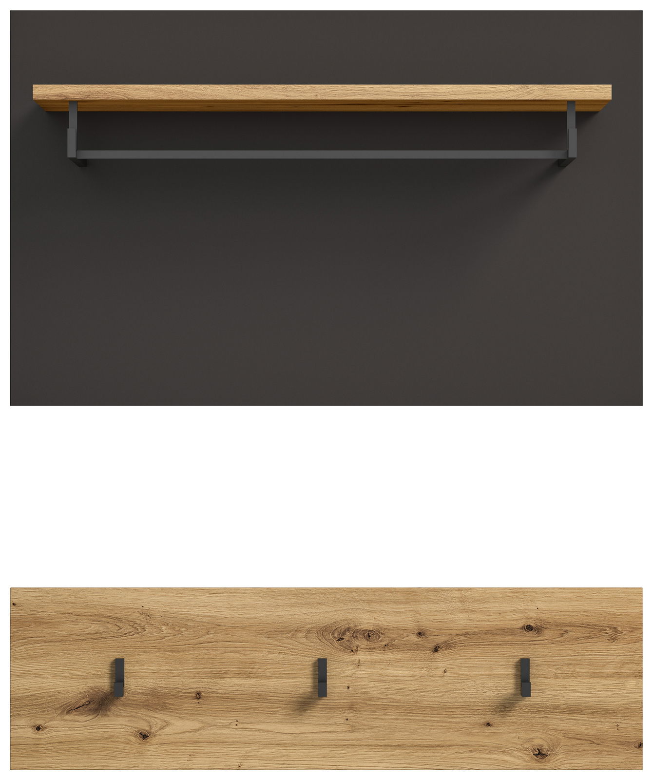 Garderobenpaneel aus Holz mit drei Haken und einer Ablage, Vorderansicht