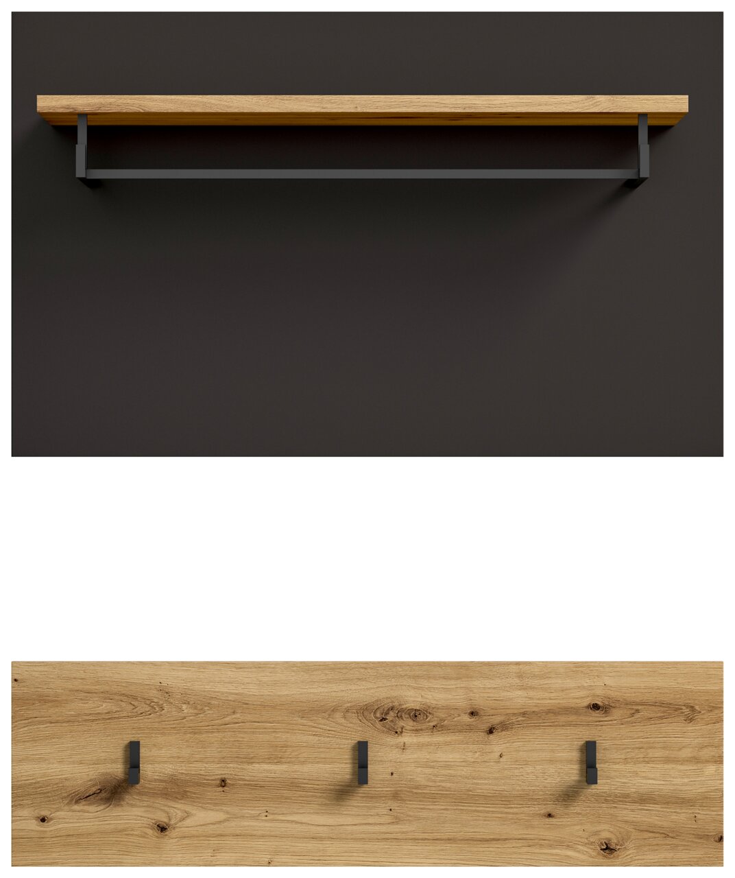 Garderobenpaneel aus Holz mit drei Haken und einer Ablage, Vorderansicht