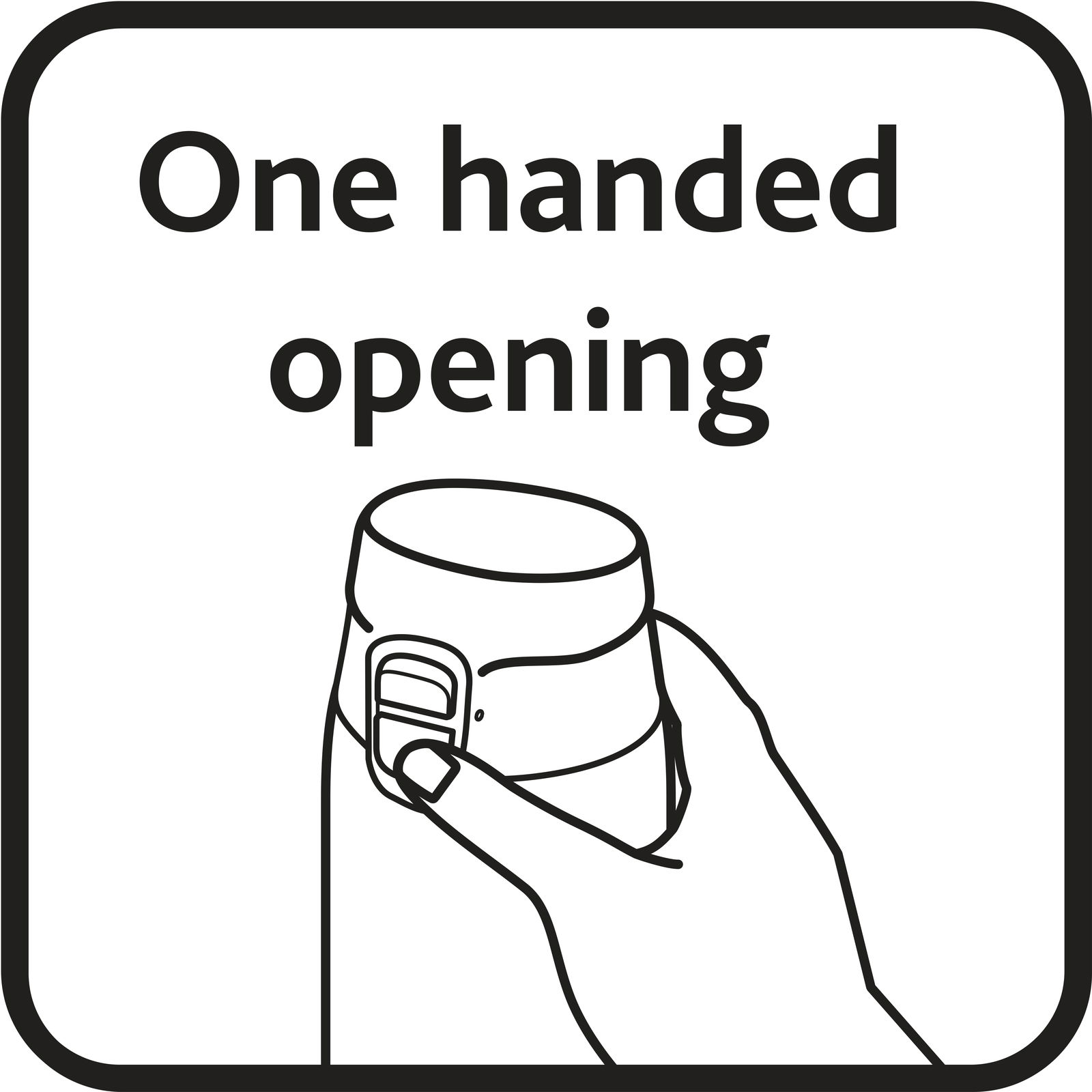 Illustration einer Hand, die einen Becher mit einhändiger Öffnung hält, aus der Seitenperspektive.