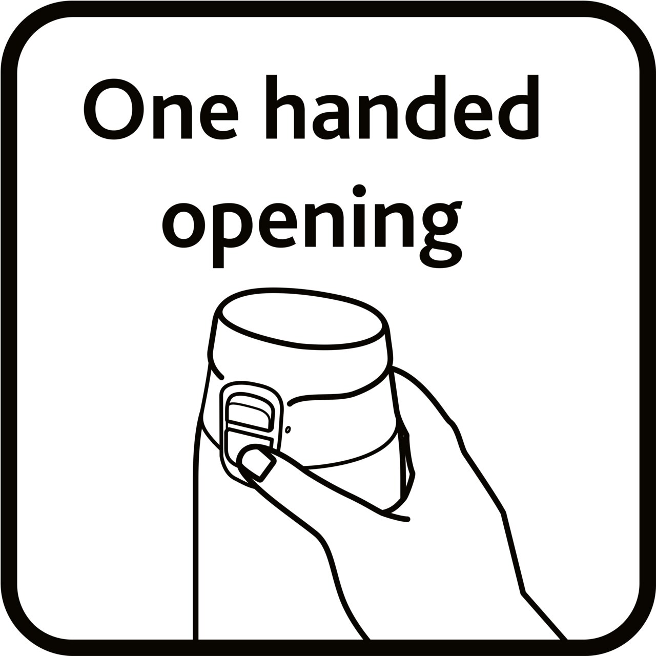 Afbeelding van een hand die een beker met een opening aan één kant vasthoudt, gezien vanuit een zijaanzicht.