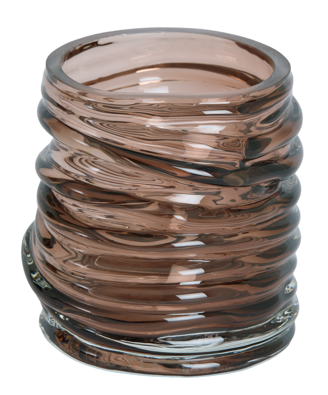 Braunes, geriffeltes Glas-Teelicht aus seitlicher Perspektive