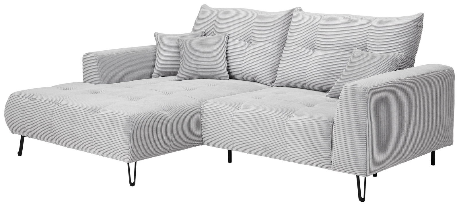 Graues Ecksofa mit Ottomane links, gestepptem Stoff und schwarzen Metallfüßen, Perspektive von vorne links.