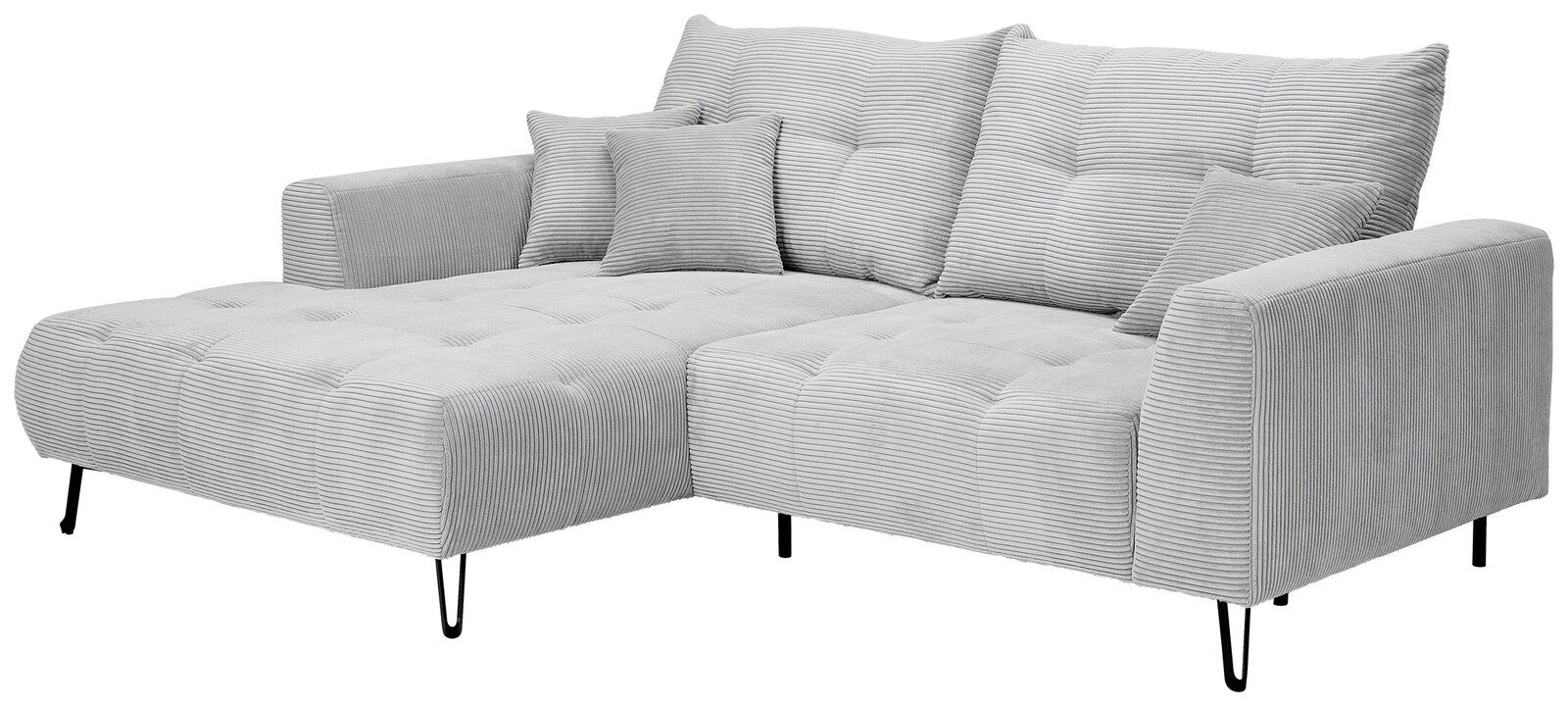 Graues Ecksofa mit Ottomane links, gestepptem Stoff und schwarzen Metallfüßen, Perspektive von vorne links.
