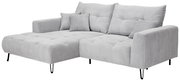 Graues Ecksofa mit Ottomane links, gestepptem Stoff und schwarzen Metallfüßen, Perspektive von vorne links.