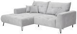 Graues Ecksofa mit Ottomane links, gestepptem Stoff und schwarzen Metallfüßen, Perspektive von vorne links.
