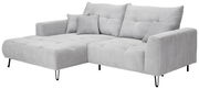 Graues Ecksofa mit Ottomane links, gestepptem Stoff und schwarzen Metallfüßen, Perspektive von vorne links.