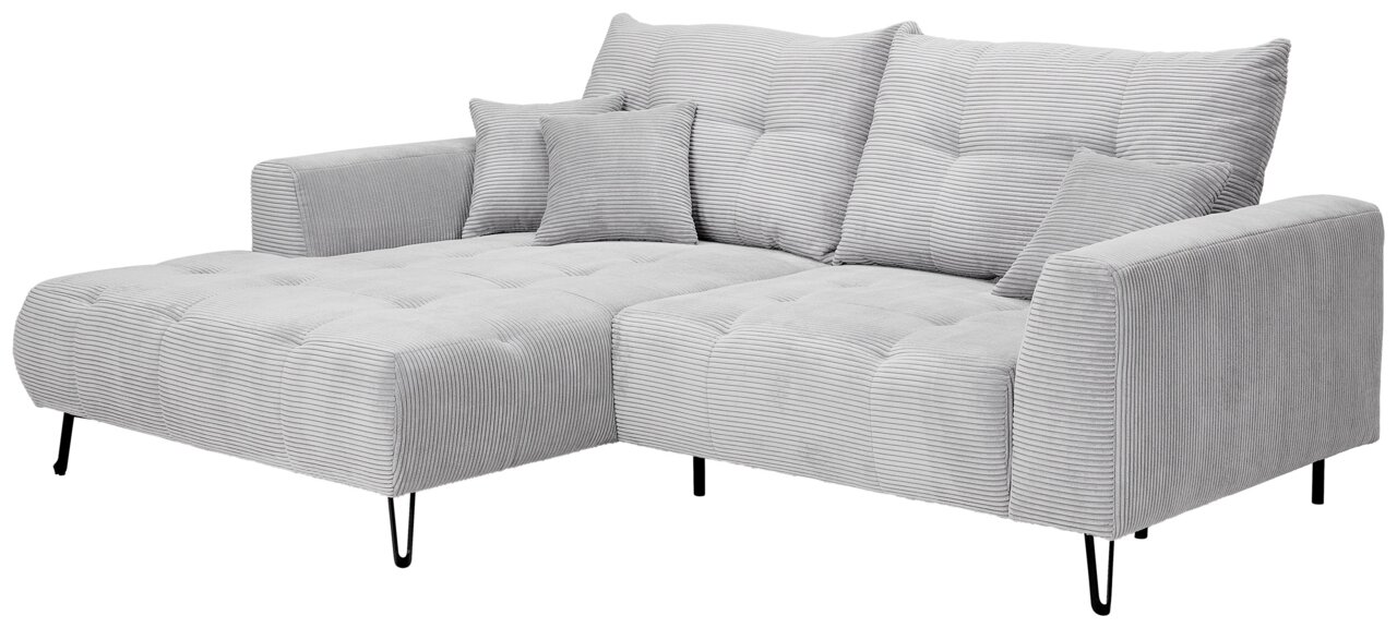 Z2 Ecksofa SWING Graues Ecksofa mit Ottomane links, gestepptem Stoff und schwarzen Metallfüßen, Perspektive von vorne links.