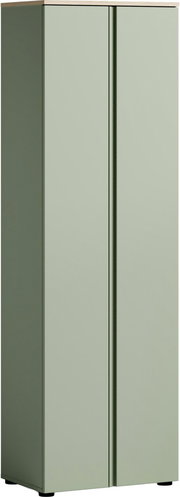 Grüner Garderobenschrank mit zwei Türen, aus einer leicht seitlichen Perspektive fotografiert.