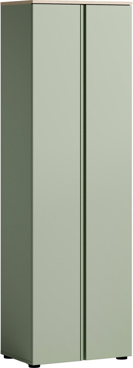 Grüner Garderobenschrank mit zwei Türen, aus einer leicht seitlichen Perspektive fotografiert.