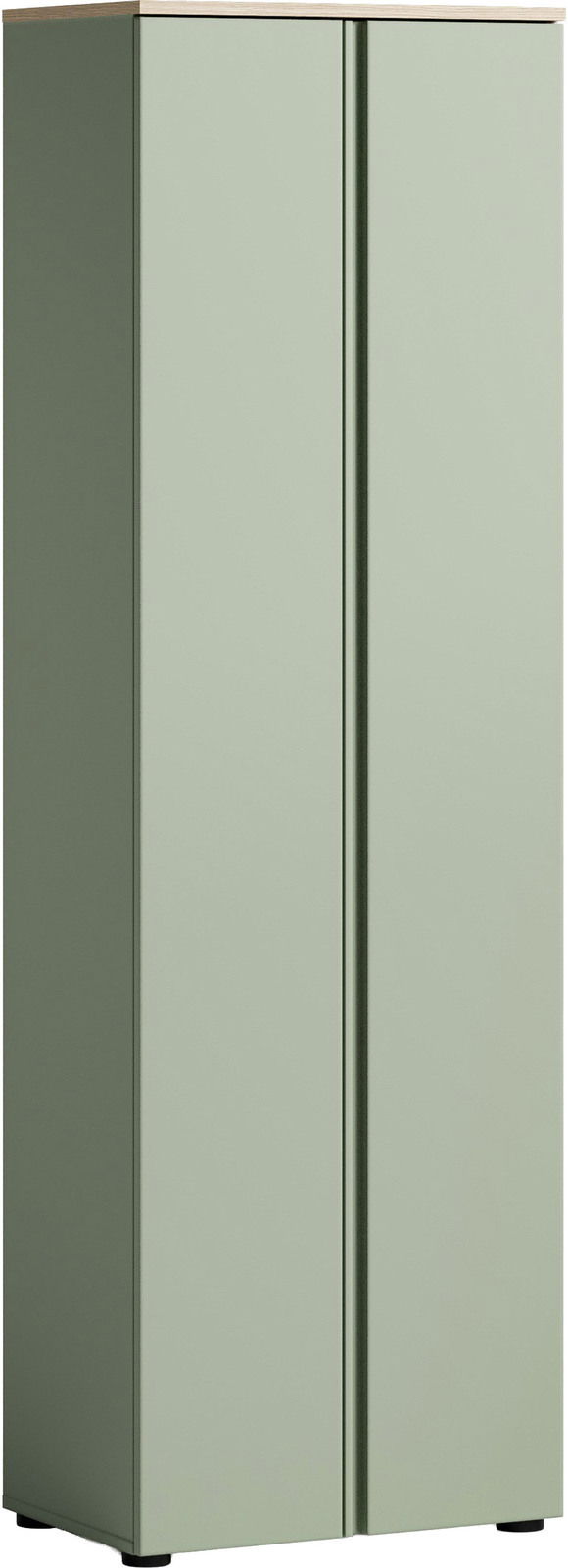 Grüner Garderobenschrank mit zwei Türen, aus einer leicht seitlichen Perspektive fotografiert.
