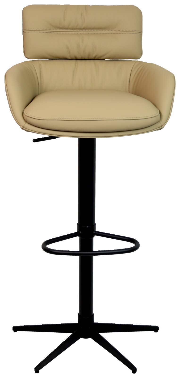Moderner Barhocker in Beige mit gepolsterter Rückenlehne und schwarzem Metallgestell, Frontalansicht