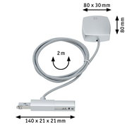 Stromeinspeisung PAULMANN URAIL in silberner Farbe, bestehend aus einem 2 Meter langen Kabel und einem Anschlussmodul. Perspektive von oben.