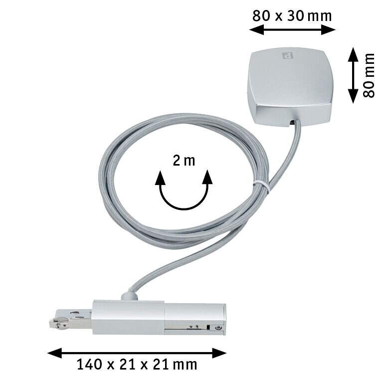 Stromeinspeisung PAULMANN URAIL in silberner Farbe, bestehend aus einem 2 Meter langen Kabel und einem Anschlussmodul. Perspektive von oben.