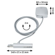 Stromeinspeisung PAULMANN URAIL in silberner Farbe, bestehend aus einem 2 Meter langen Kabel und einem Anschlussmodul. Perspektive von oben.