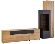 Moderne Wandkombination aus Holz und schwarzem Material, bestehend aus einem niedrigen Sideboard und einem hohen Schrank mit Glastür, Perspektive von vorne.