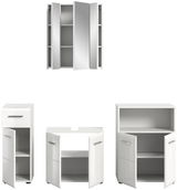 Badezimmermöbel-Set bestehend aus einem Spiegelschrank und drei Unterschränken, frontal abgebildet