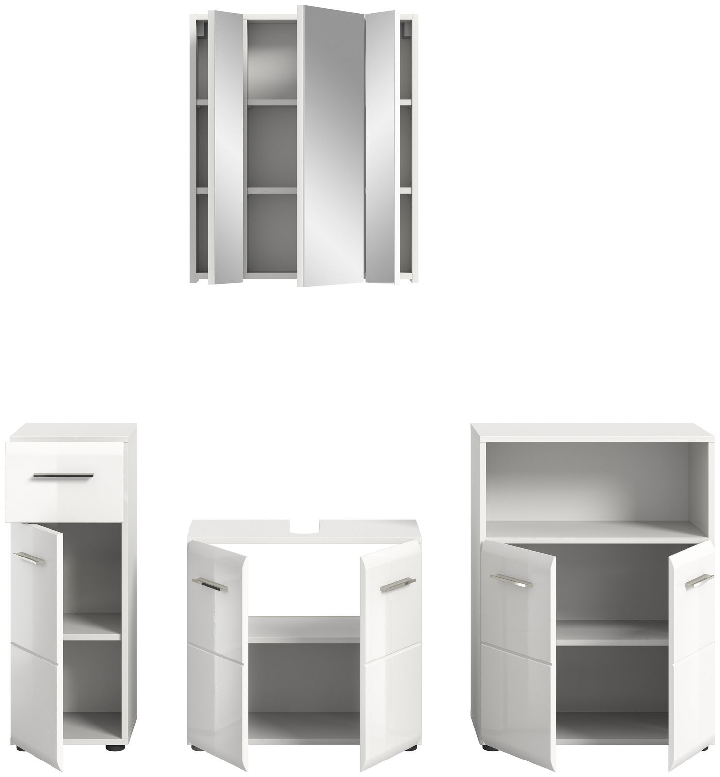 Badezimmermöbel-Set bestehend aus einem Spiegelschrank und drei Unterschränken, frontal abgebildet