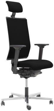 Ergonomischer schwarzer Drehstuhl mit Kopfstütze und Armlehnen, seitliche Perspektive