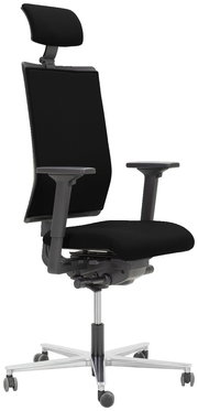 Ergonomischer schwarzer Drehstuhl mit Kopfstütze und Armlehnen, seitliche Perspektive