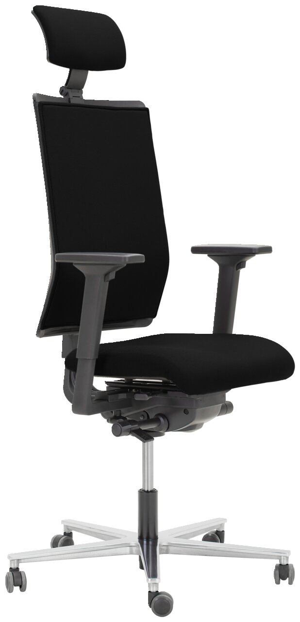 Ergonomischer schwarzer Drehstuhl mit Kopfstütze und Armlehnen, seitliche Perspektive