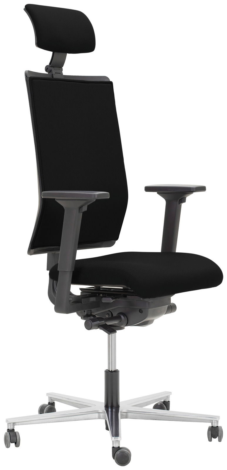 Ergonomischer schwarzer Drehstuhl mit Kopfstütze und Armlehnen, seitliche Perspektive
